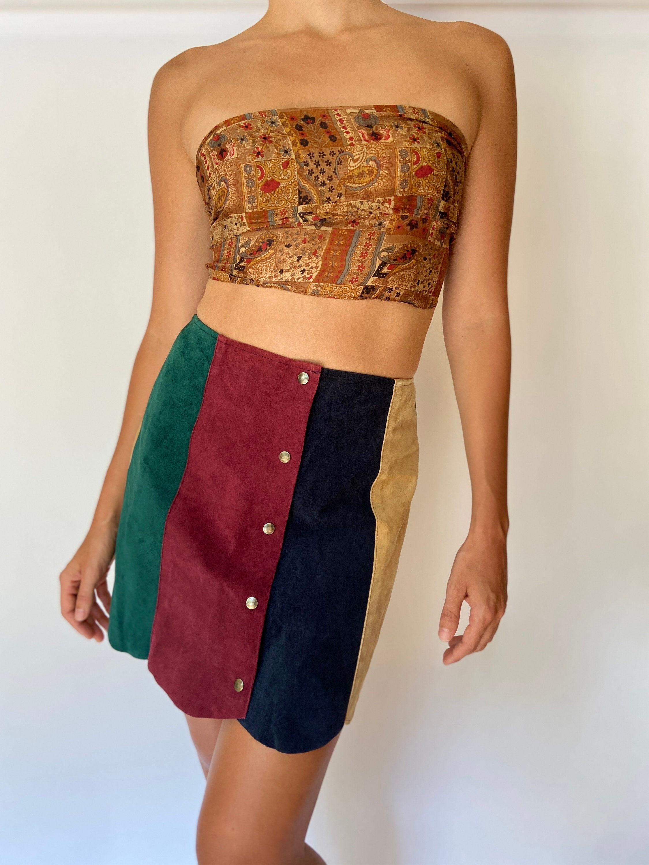 Vintage Patchwork Mini Skirt / 70s Look Multi Color Boho