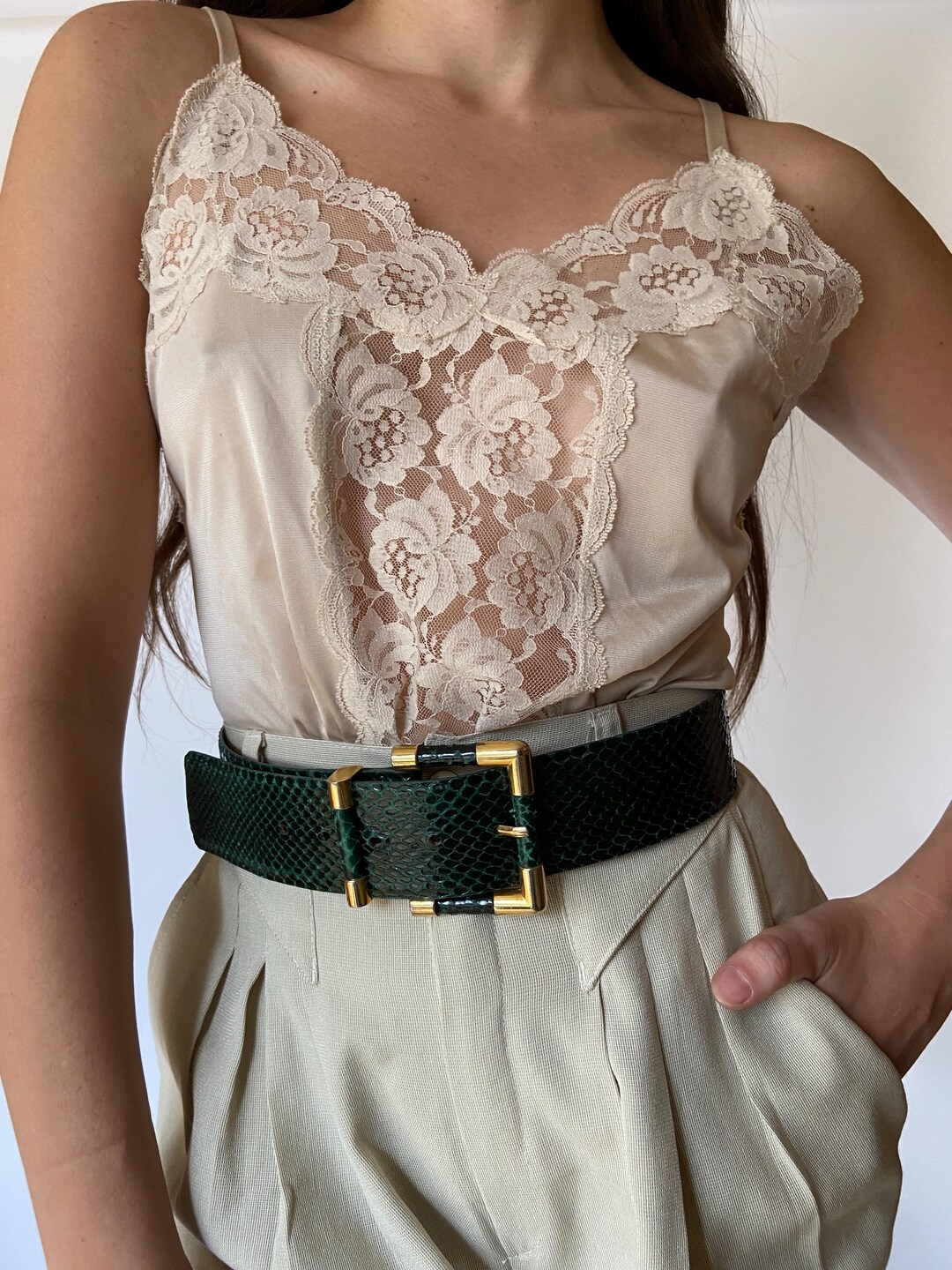 Vintage Emerald Green Reptile Belt: 80s Gold Buckle 