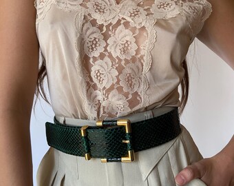 Vintage Genuine Reptile Green-aqua belt and buckle w/ brass details  .75\