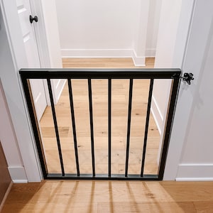 Custom black round spindle wooden gate | Baby gate | Stairway gate| wooden baby gate| Farmhouse gate| Barn door gate| Baby gate for stairs