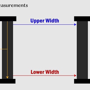 Op de afbeelding: Diagram met de afmetingen van een poort. Het diagram toont de hoogte, de bovenbreedte en de onderbreedte van de poort.