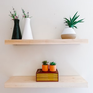 May include: Two wooden floating shelves against a white wall. The top shelf holds three vases with plants. The bottom shelf displays two small orange pots with succulents and a stack of books with yellow covers.
