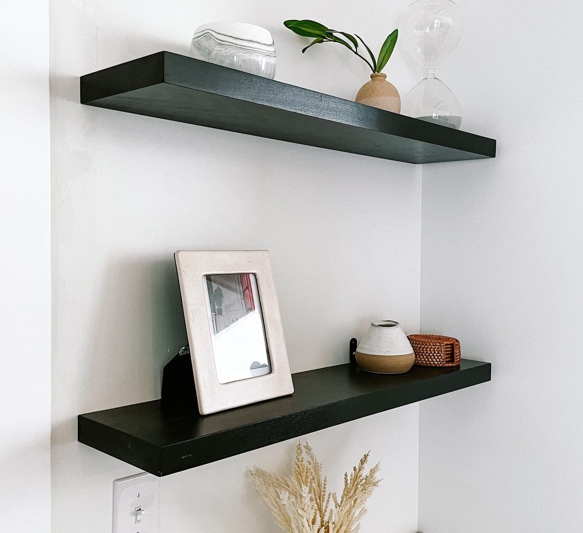 Black Solid Wood Floating Shelves Black Floating Shelves Etsy