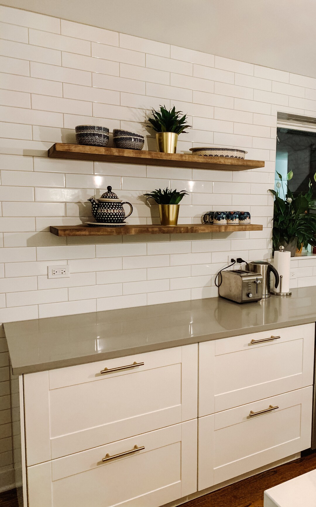 Solid Wood Stained Floating Shelves Kitchen, Dishes Easy to Install
