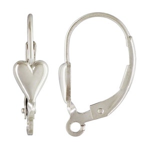 May include: Silver heart shaped earring hooks. These are a pair of earring findings with a heart-shaped loop at the top and a hook closure.