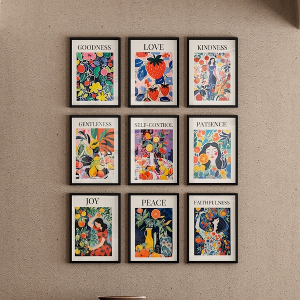 Fruit of the Spirit Set of 9 Matisse-Inspired Prints - Vintage Room Decor - Digital Wall Art