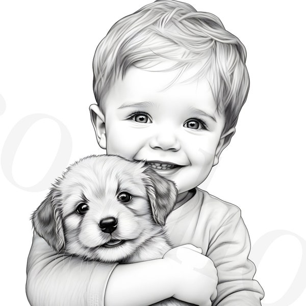 Adorable Boy Coloring Page  Printable Grayscale Illustration PDF  Premium Adult Colouring Book Instant Download
