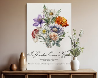 Custom Personalized Vintage Birth Flower Art | Family Birth Flowers | Editable Template | Mother's Day Gift | Gift for Grandma | Christmas