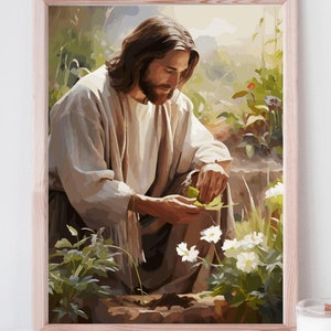Christ and Flowers Print - LDS Art for Gardeners - Religious Portrait Painting - Christian Artwork - YW Gift
