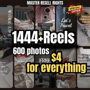 Peut inclure: Un collage de neuf images faisant la promotion d'un pack de produits numériques. Le pack comprend plus de 1444 Reels, 600 photos et d'autres contenus numériques. Le texte "GRATUIT 4 € pour tout" est affiché en jaune. Le texte "DROITS DE REVENTE MAÎTRE" est affiché en blanc sur fond noir.