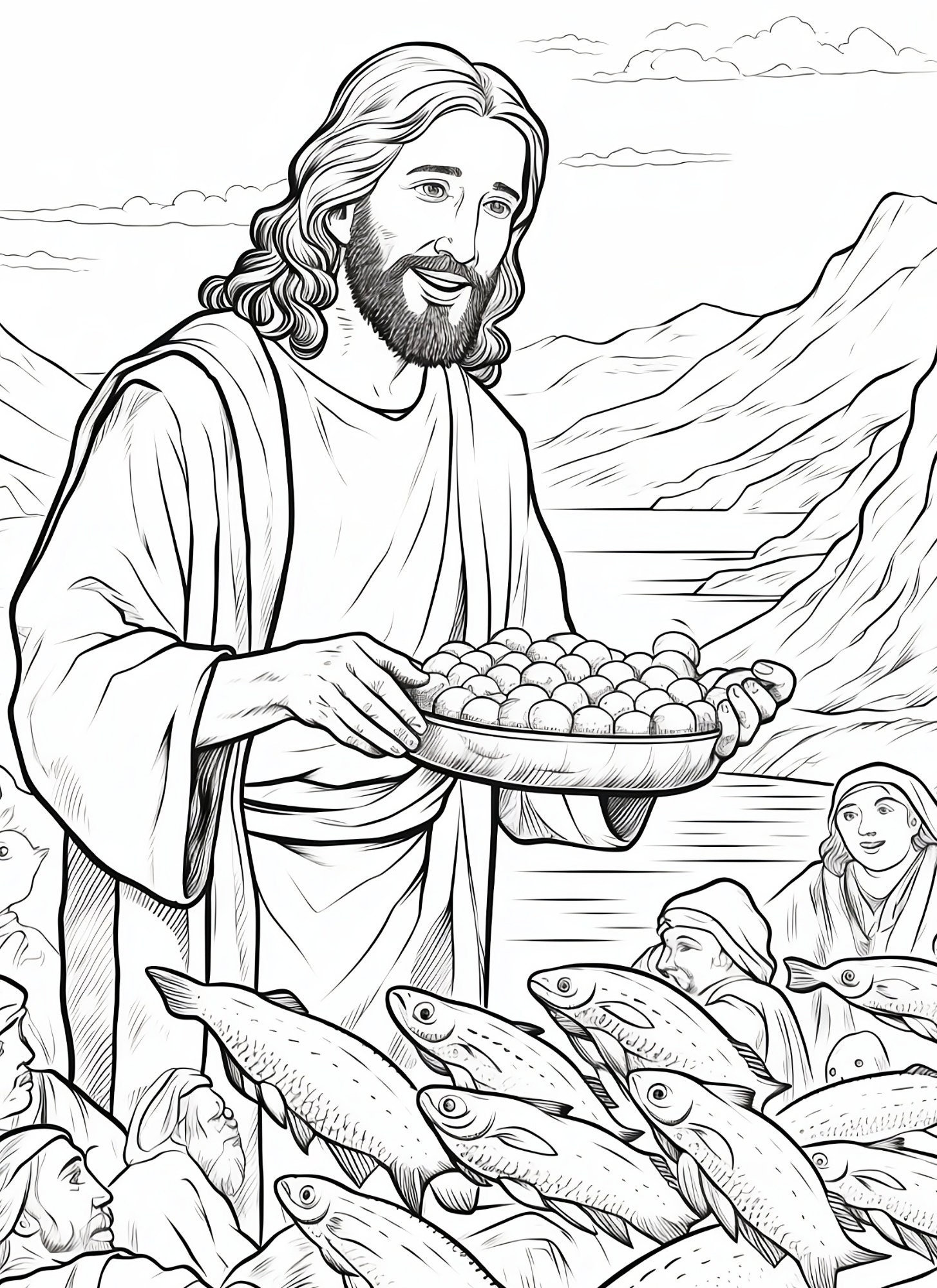 Jesus Feeding the Multitude With Fish and Bread Grayscale Etsy