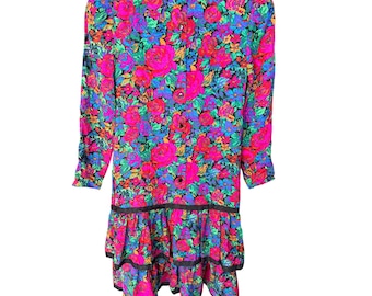 Richard Warren Silk Dress 8 Pink Floral Drop Waist Ruffle 100% Silk