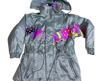 Everest Sport Ski Jacket 40 Silver Neon Geometric Vintage 100 Nylon