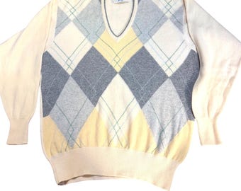 Pringle of Scotland Lambswool Argyle Sweater | Cream Yellow Grey | Cottagecore