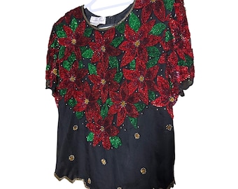 Top de seda vintage Laurence Kazar con lentejuelas y estampado de flor de Pascua, talla 1X, ideal para vacaciones en Nueva York.