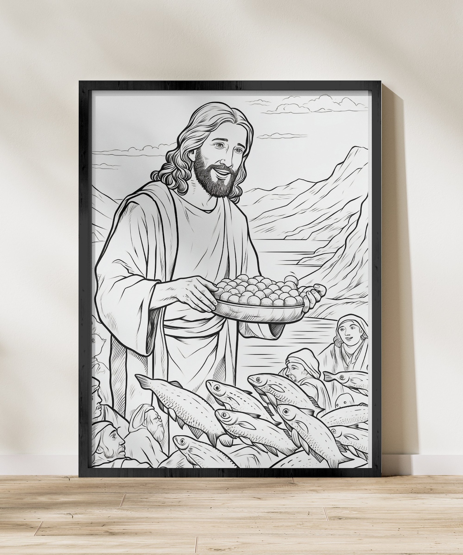 Grayscale Jesus Coloring Page Downloadable for Adults Feeding Multitude ...