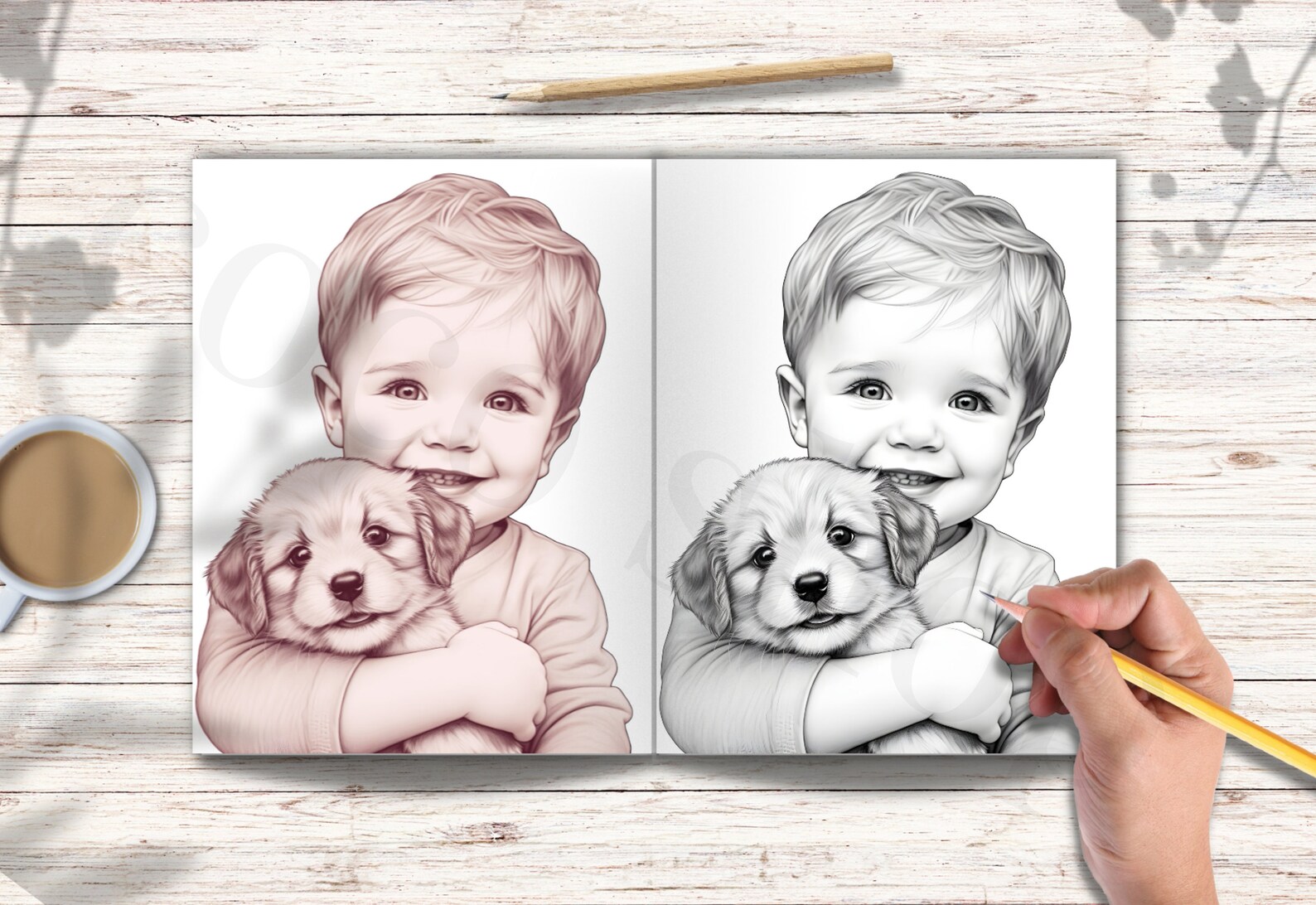 Adorable Boy Coloring Page Printable Grayscale Illustration PDF Premium