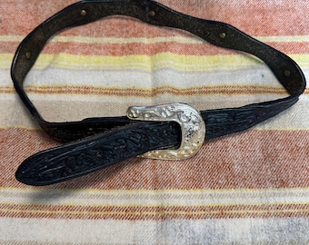 Western Boho Black Leather Belt With Silver Ornate Cow and 