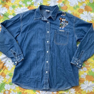 Warner Brothers Studio Store Rollercoaster Design Denim Button Up Shirt