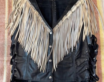 Black and White Fringe Leather Vest