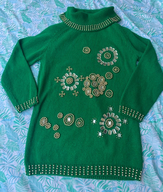 Vintage Green Bedazzled Sweater Dress
