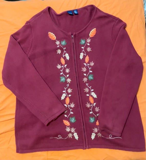 Basic Imports Crimson Zip-up Leaf Pattern Sweater - image 1