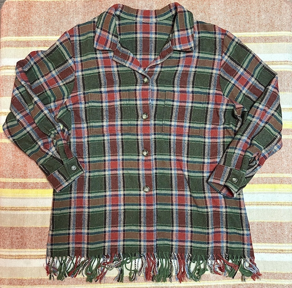Plaid Fringe Bottom Wool Blend Button-Up - image 1