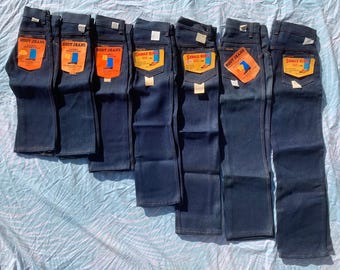Calça jeans infantil Saddle King Key, década de 1970, nova com etiqueta.