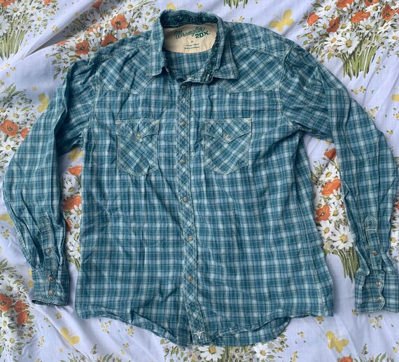 Wrangler Teal Plaid Button Up Shirt - image 1