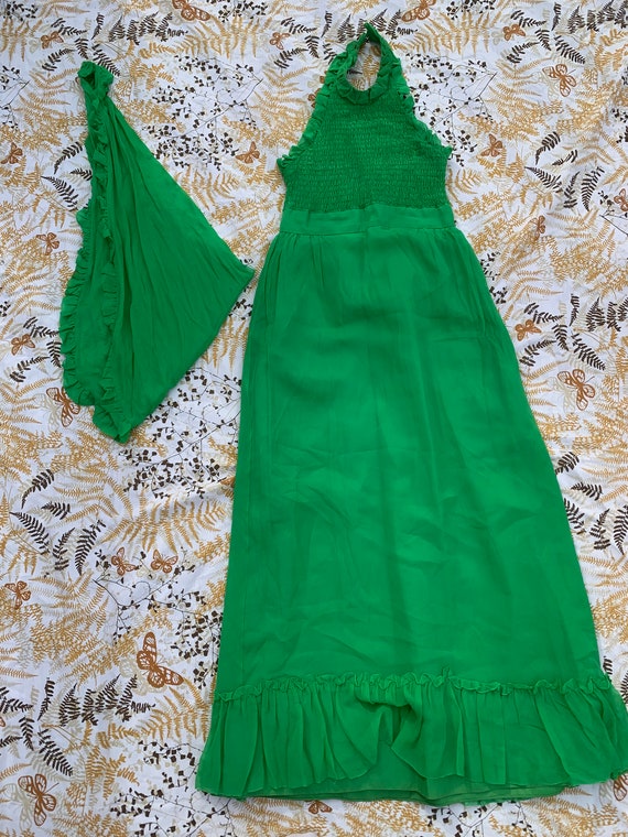 Hostess Gown 1970s Handmade Green Dress & Shawl