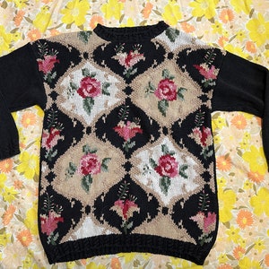 Vintage Black Knit Sweater With Floral Design