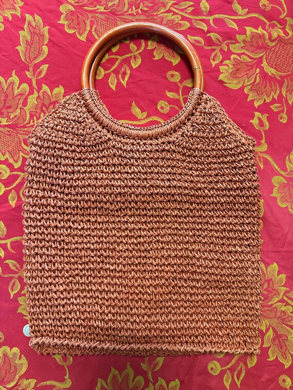 Orange Macrame Bag With Wooden Handles and Shell … - image 3