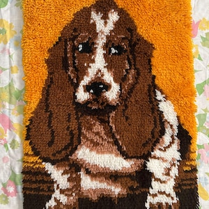 Könnte beinhalten: Handgefertigter, rechteckiger Wandbehang mit einem Basset Hound. Der Hund ist in Braun- und Weißtönen dargestellt, mit einem leuchtend orangefarbenen Hintergrund. Das Kunstwerk zeigt die charakteristischen langen Ohren des Hundes.