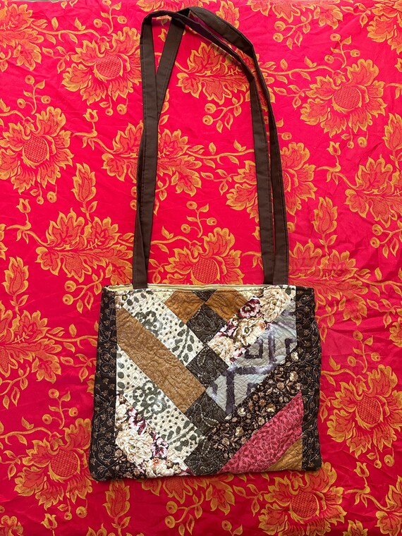 Patchwork Brown Floral Pattern Handbag - image 1