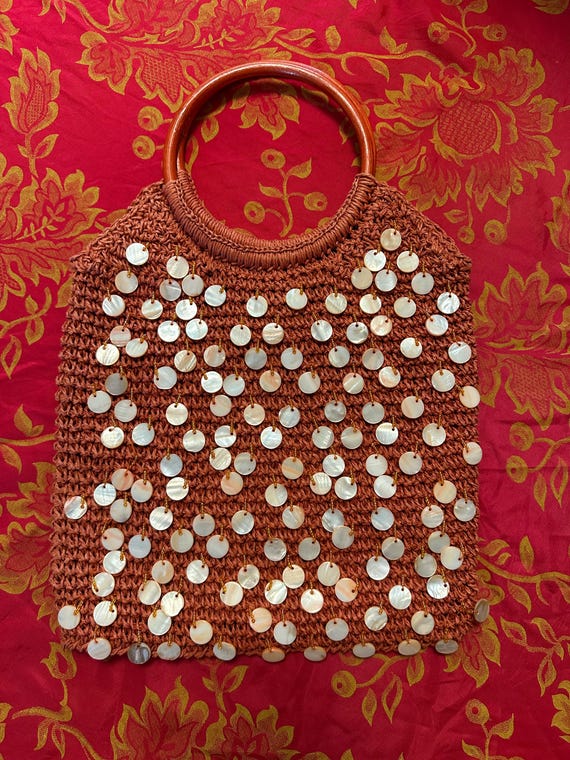Orange Macrame Bag With Wooden Handles and Shell … - image 1