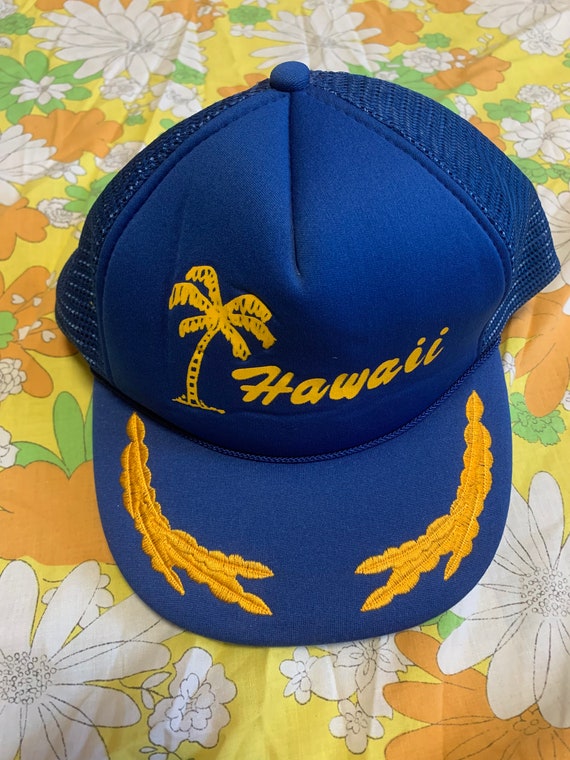 Hawaii Vintage Blue Trucker Hat with Gold Logo and