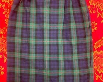 May include: A blue, green, and red plaid skirt. The skirt is knee-length and has a straight silhouette.