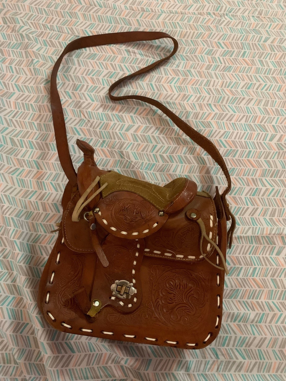 Vintage Hand Tooled Leather Horse Saddle Purse Etsy