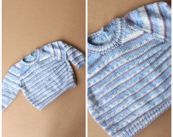 Baby's homemade blue striped wool jumper, size 0-3 months