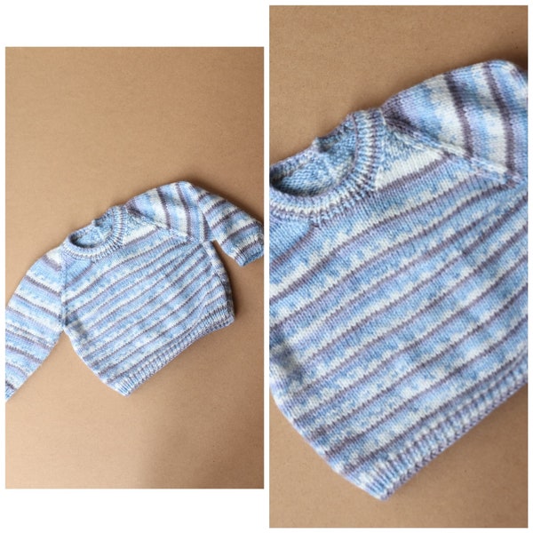 Baby's homemade blue striped wool jumper, size 0-3 months