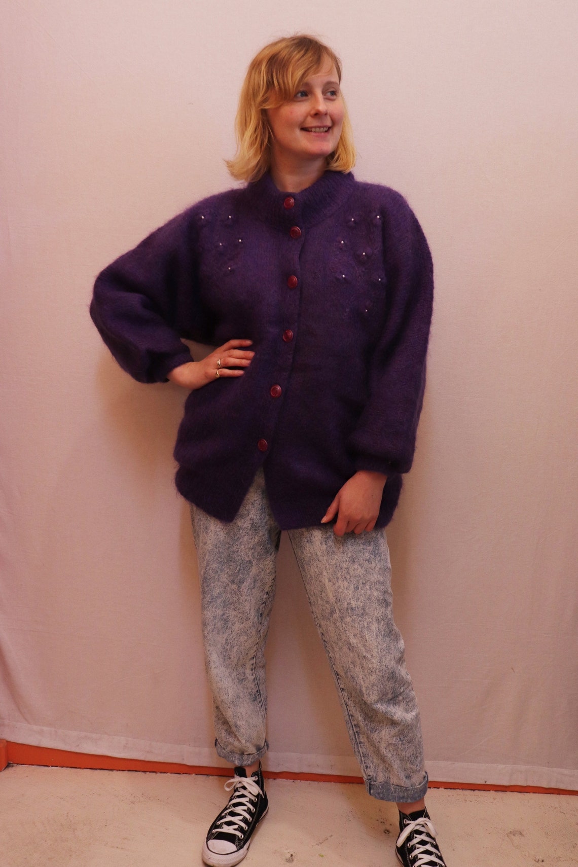 80s purple mohair cardigan with balloon sleeves | Etsy