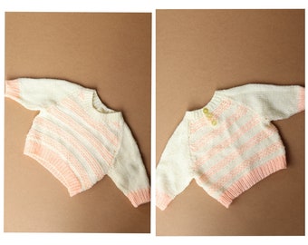 baby's hand knitted cream and peach striped jumper, size 0-3 months