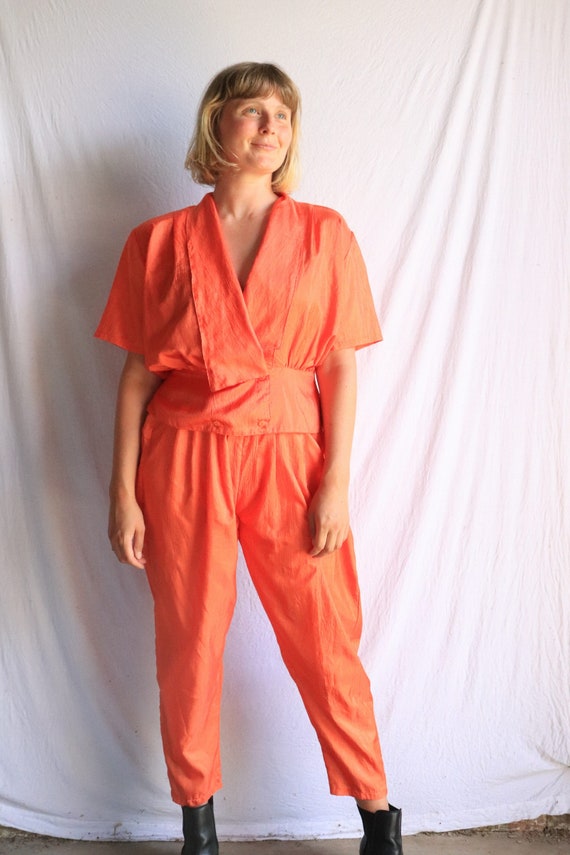 80s orange twin set, vintage, pants and blouse, si