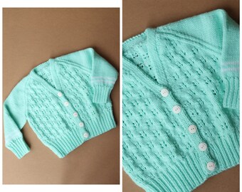 Cardigan a maglia verde pastello per bambini fatto a mano, taglia da 2 a 3