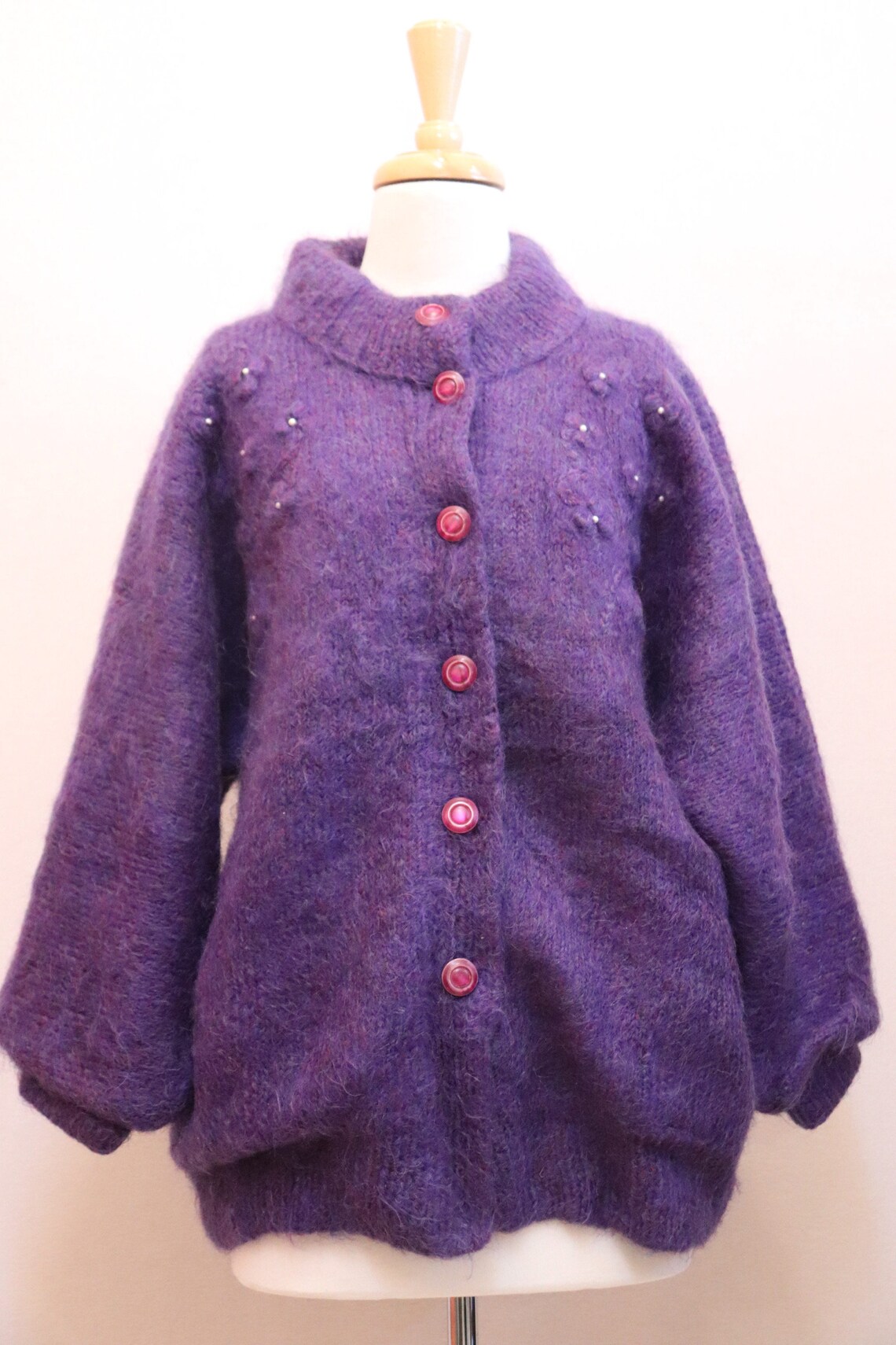 80s purple mohair cardigan with balloon sleeves | Etsy