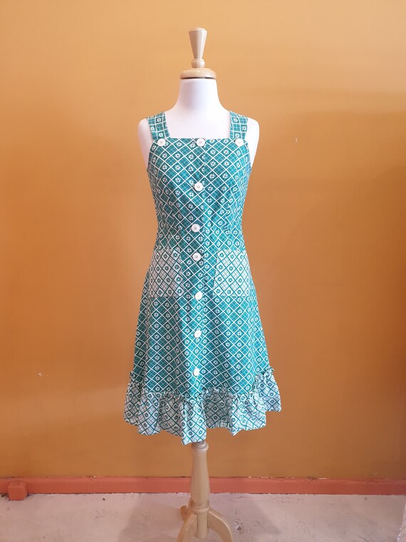 70s green cotton button up dress