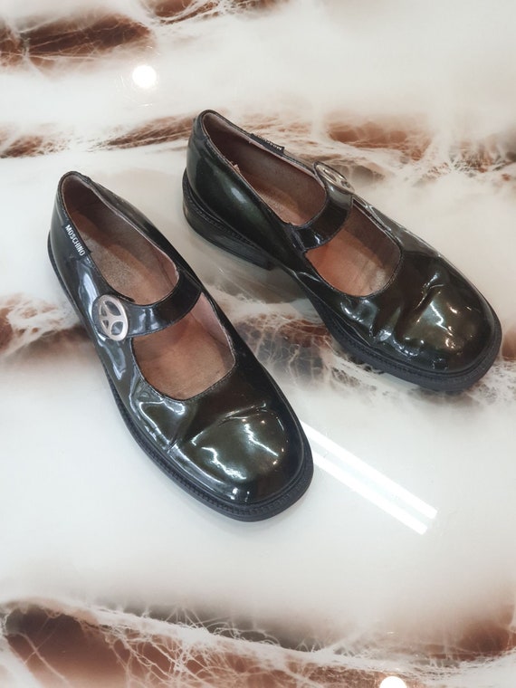 90s Moschino dark green patent shoes with velcro s
