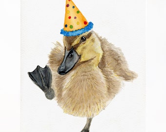 Watercolor Duck Card, Birthday Greeting Card, Art Gift, Duck, Funny, Art Print, Party, For Him, For Her
