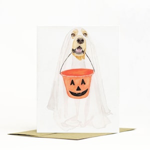 Golden Retriever Watercolor Halloween Card, Fall Greeting Card, Ghost Dog, Dog Costume, Happy Halloween Card Gift, Original Watercolor Print