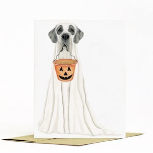 Great Dane Watercolor Halloween Card, Fall Greeting Card, Ghost Dog, Dog Costume, Happy Halloween Card Gift, Original Watercolor Print